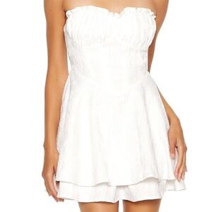 strapless white floral jacquard mini dress